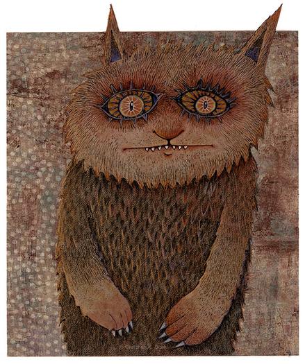 Textured colors of spotted, mottled brown and orange. An ink drawing of a cat/bear-like creature stares with distress and wonder outward. It has a  small nose and a long thin mouth with seven sharp protruding teeth.  It clawed arms hang protectively in front of it. NOTE: This description created especially for my lovely blind friend, Georgiana. :-)