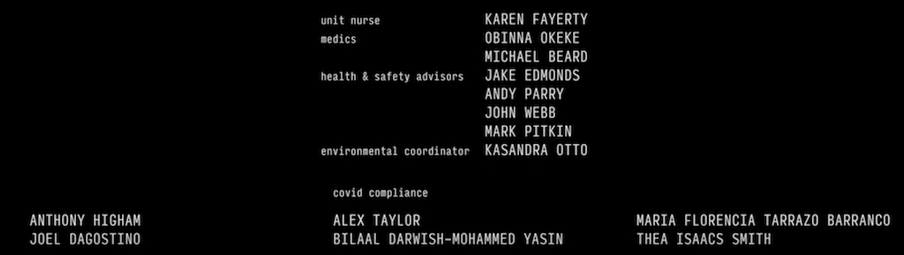 Screenshot of credits rolling by after Mickey 17 movie. "CoVID compliance" team has 6 members.