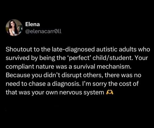 Elena @elenacarr0ll

Shout out to the late diagnosed autistic adults who survived by being the perfect child/student. Your compliance nature was a survival mechanism. Because you didn't disrupt others there was no need to chase a diagnosis. I'm sorry the cost of that was your own nervous system.