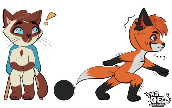 - Drawing Type:
Chibi Style / Flat Color / Fullbody

- [ 2 ] Character/s:
* Furry / Male / Cat
* Furry / Male / Fox

- Background:
Transparent

- Description:
Drawing of 1 cat sitting in a chair watching a fox bowling, but the bowling ball fails and go in reverse. The cat have brown colors and the fox have orange colors. There is a black bowling ball in the center of the drawing