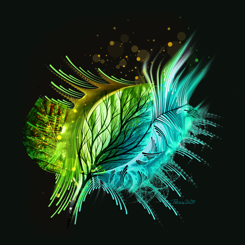 watercolour & ink; an abstract visual of beech leaves with the silhouette of branches on top of a leaf, groupyof droplets surround the leaves, light dots illuminate patches of the image.