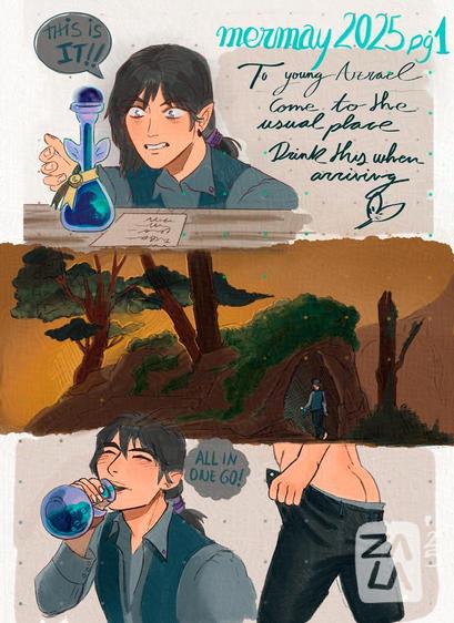 Boy is sent a fish shaped potion. A note goes with it. TO young Azrael, come to the usual place. Drink this when arriving.
He goes to an underground lake, drinks it, gets undressed