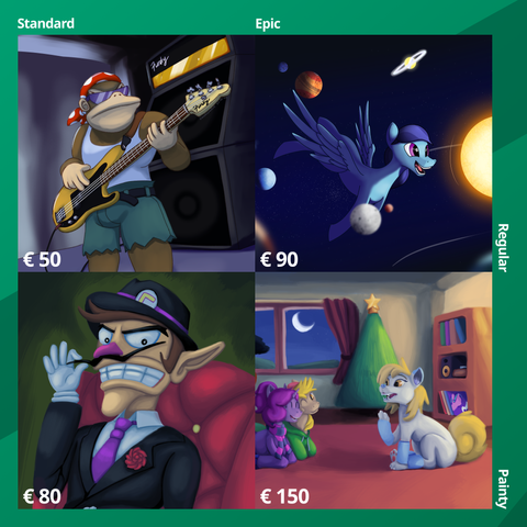 Examples of the tiers and styles. Left to right, top to down: Funky Kong playing the bass, Sierra Nightingale (a blue pegasus) admiring the sun, Waluigi wearing a fedora and suit while sitting on a fancy chair, and three creatures sitting inside a room.