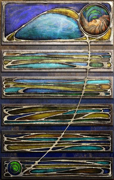 Illustrated stylized Art Nouveau image of The Princess and the Pea, featuring a raised filigree effect, heavy textures, and the colors of a variety of teals, blues, yellow, and browns.