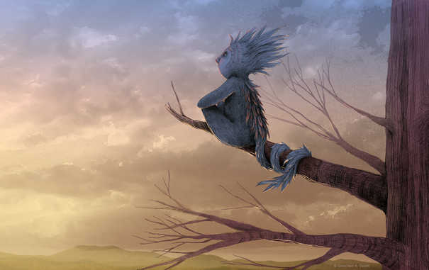 Peaceful Moment at Sunrise.
A muted gray creature rests lightly upon a barren branch, high atop a solitary tree at sunrise. It's expression is calm and thoughtful. The expansive sunlit sky paints its face, feathered mane and furred body with orange, as its long tail wraps around the branch securely. NOTE: This description created especially for my lovely blind friend, Georgiana. :-)