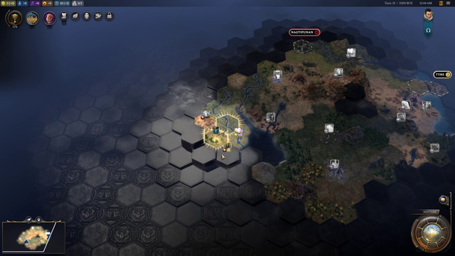 Turn 15 in a game of Civilization 7 where the Founder unit is scouting the map. The settlement count reads 0 out of 3.