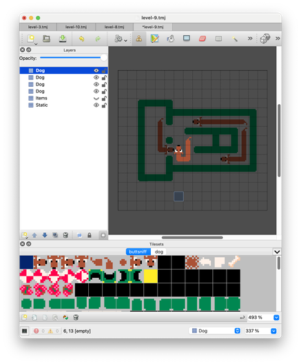 Editing a level of "Dogs Sniffing Butts" in the Tiled tile-map editor.
