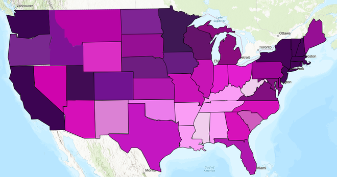 Map of US states with various shades of purple. The state outlines have visible gaps, likely from hand-drawing.