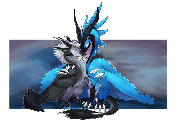small feathered grey wyvern cuddeling with a larger blue dragon