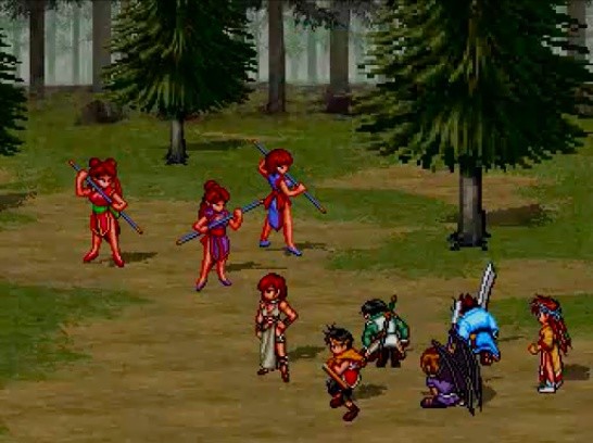 Screenshot aus Suikoden II. Es zeigt den Kampf gegen drei junge Frauen, RinRin, RanRan und TenTen.