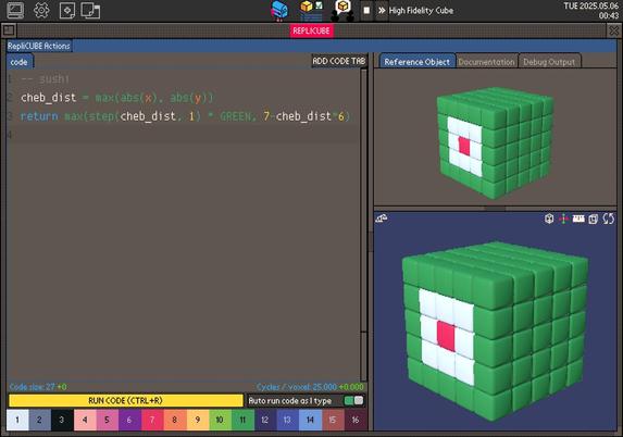 screen shot from game replicube showing off the level where you should recreate sushi using code. I've done it at 27 code size with complexity of 25 per voxel