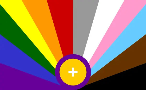 equal LGBTQIA+ Pride Flagge, jede Farbe hat bei diesem Design die gleiche Fläche erhalten, 1/13 bzw. 7,7%.
Mittig auf dem Horizont steht die "Intersex" Sonne in gelb mit lila Kreisrand, darin ein weißes + für alle künftigen und nicht explizit aufgegriffenen Orientierungen.
Aus deren Zentrum strahlen die 12 Farben heraus bis zum Rand, von links unten beginnend mit violett, blau, grün, gelb, orange, rot, grau, weiß, rosa, hellblau, braun, schwarz