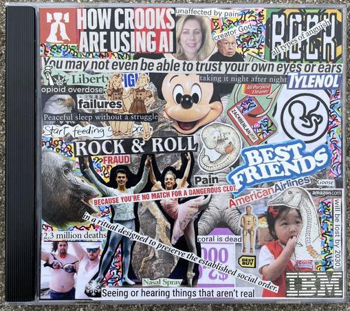 the image before you is a photograph I took with an iphone of a CD jewel case made of plastic with small pieces of magazines, advertisements and miscellaneous paper products removed from their original places of context with a pair of kitchen scissors and glued in place with glue sticks creating new associative matrixes of meaning for the viewers viewing pleasure in the vain hope that it may inspire a human being to submit their eardrums to the frequencies contained herein (not successful) https://zackbenlan.bandcamp.com/merch https://open.spotify.com/artist/5vLwq4gf8TpW7rRFiMCXa7 https://www.instagram.com/zackbenlan/