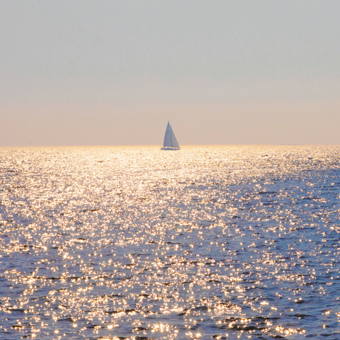 Sailboat in sparkling sea on a warm summer day