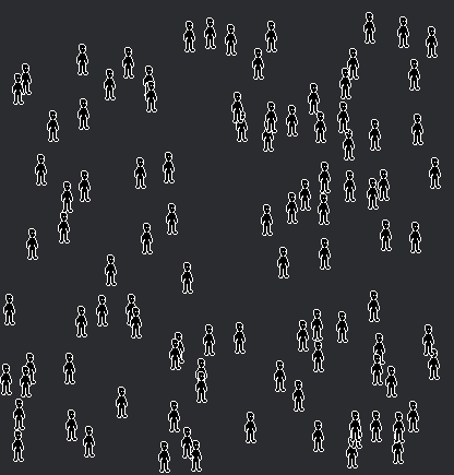 A small monochrome pixel art character spawned 100 times in random positions