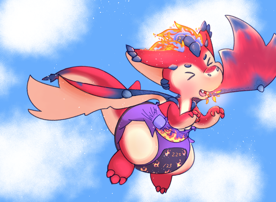 Smolder from league of legends flying in a beautiful clear day, wearing a poofy diaper themed around fire
