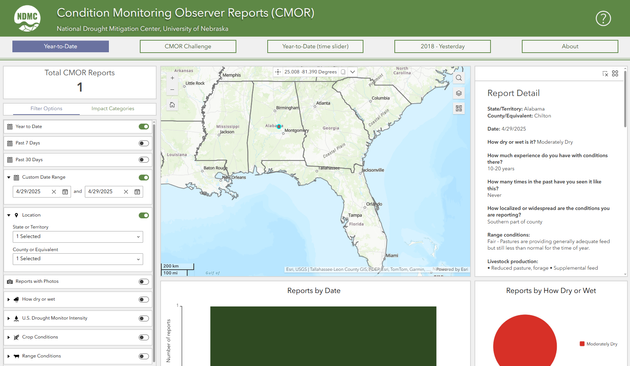 CMOR app showing the location of the report in central Alabama.