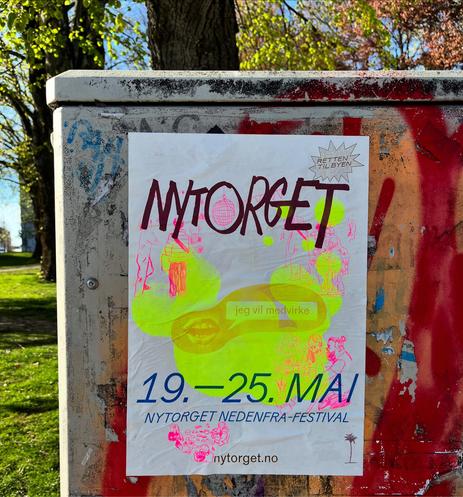 Poster for Nytorget nedenfra festival, flypostered on an electrical box