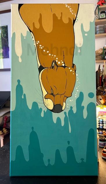 A painting of a brown and light brown otter diving and facing down. They’re visible from the shoulders and head. The background is various shades of blue/green with the top being white. They look like running drops.
