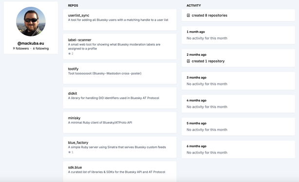 My profile page on Tangled, showing:

@mackuba.eu | 9 followers | 6 following

Repos:

userlist_sync: A tool for adding all Bluesky users with a matching handle to a user list

label-scanner: A small web tool for showing what Bluesky moderation labels are assigned to a profile

tootify: Toot toooooooot (Bluesky -Mastodon cross-poster)

didkit: A library for handling DID identifiers used in Bluesky AT Protocol

minisky: A minimal Ruby client of Bluesky/ATProto API

blue_factory: A simple Ruby server using Sinatra that serves Bluesky custom feeds

sdk.blue: A curated list of libraries & SDKs for the Bluesky API and AT Protocol