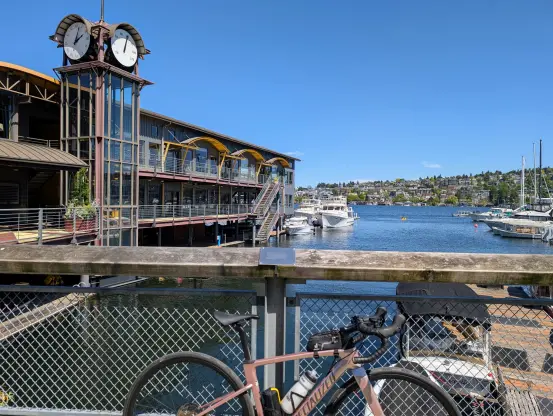 My bike leaned against a fence on Lake Union along the Westlake Cycle Path, Seattle, WA