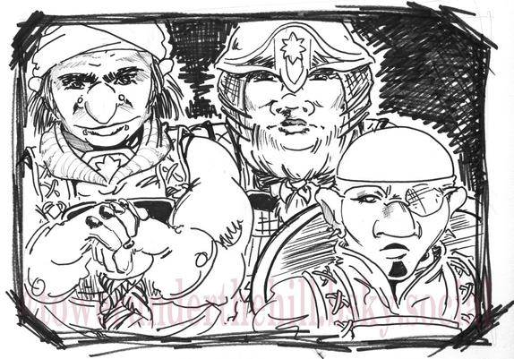 Three armored dwarves in black and white. From left to right, 1) a dwarf with a long nose and multiple facial piercings rests her gloved hands upon the hilt of a sword; 2) a female dwarf wears a helmet with an eight-pointed star; she holds a shield in front and her beard is pulled snug with a ribbon; and 3) a short, bald dwarf with spiked earrings and an eyepatch; her chin is tattooed.