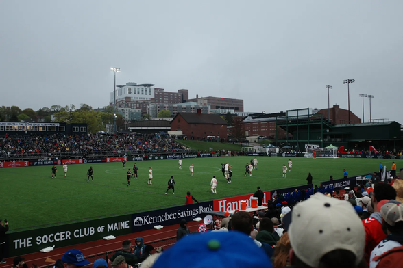 The soccer match between Portland and Knoxville kicks off at Fitzpatrick Stadium in Portland, Maine. Hearts of Pine in Blue and Green, Knoxville in white. Match ended a 1-1 draw.