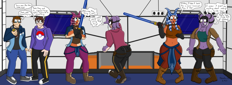 A transformation sequence of two men transforming into a Togruta and Twi'lek women, triggered by staying at a hotel. Both look shocked at the end of the transformation.