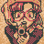 Lucca from Chrono Trigger, holding up a gun to the viewer, imagined as 48 x 48 pixel art (resized to 144x144)