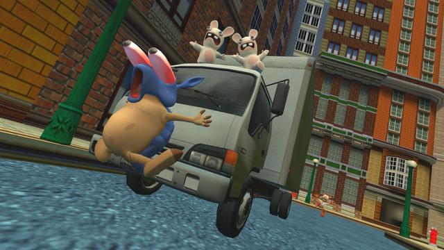 Poor Arnold is a hapless victim of trucks while Bubsy tries to rescue him. Also, the Rabbids are dancing on top of the truck.