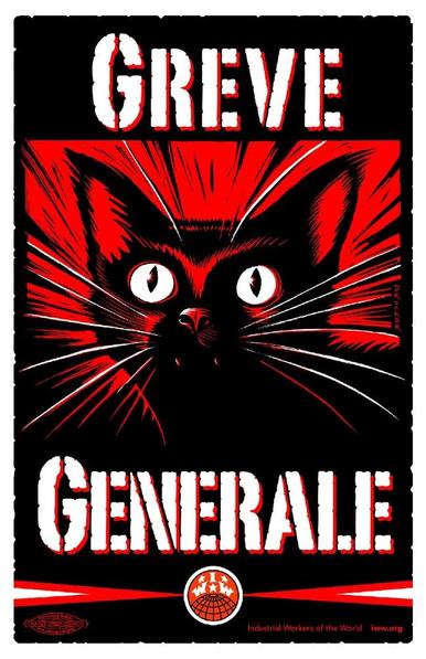 Affiche Grève générale avec un chat noir sur fond rouge.