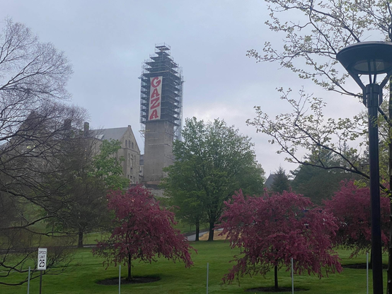 The picture features a tall stone bell tower covered with scaffolding. From the scaffolding is displayed a large banner reading "GAZA", the text oriented vertically, top towards the bottom. There are some redbud trees in bloom in the foreground, and green lawn.