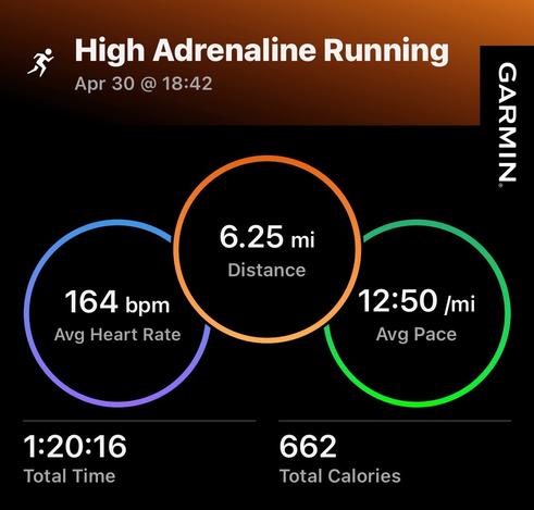 Image displays a running statistics summary from a Garmin device, titled "High Adrenaline Running." Details include the date and time (April 30 @ 18:42), a distance of 6.25 miles (10.06km)an average heart rate of 164 bpm, 662 calories burned, 12:50 /mi pace (7:59 /km), time 1 hr 20 min 16 seconds. Stats are in circles of various colors.