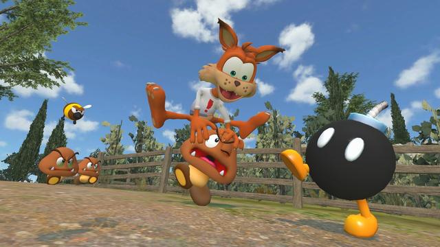 Bubsy leaps over a Goomba while a few Goombas and a Stingby go after it. And there is a Bob-Omb in front of them.