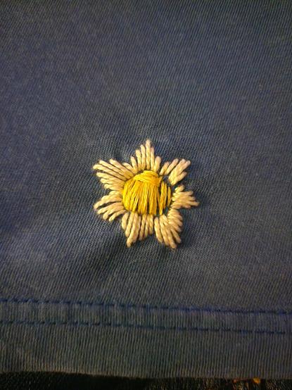 Small embroidered flower. White petal, yellow center, on a blue shirt. Poor lighting kinda screwed the colors a bit, but eh.