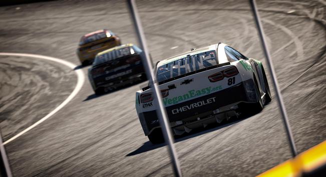 Simulated NASCAR stock cars on track. Focus on the 81 Chevrolet. Green, white, and black color scheme. VeganEasy.org the primary sponsor.