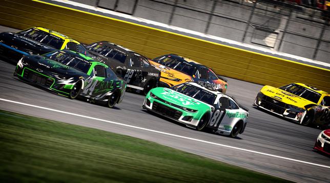 Simulated NASCAR stock cars on track. Focus on the 81 Chevrolet. Green, white, and black color scheme. VeganEasy.org the primary sponsor.