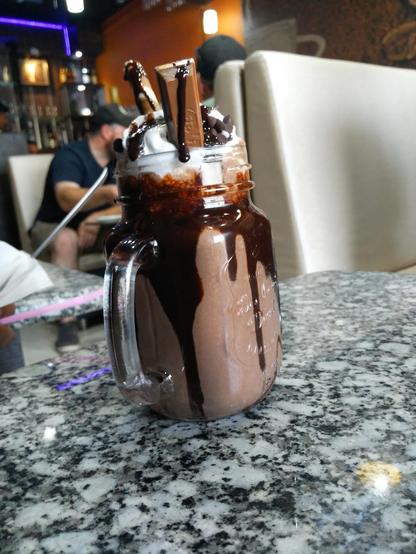A large glass mug filled with a chocolate milkshake topped with whipped cream, chocolate sauce, and a chocolate bar.