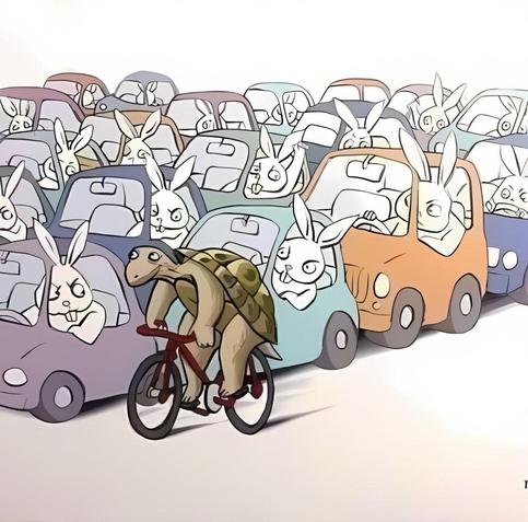 A turtle riding a bicycle is seen navigating through a traffic jam of cars, filled with anthropomorphic rabbits looking frustrated and impatient. The scene humorously contrasts the slow pace of the turtle with the chaotic traffic of the rabbits.