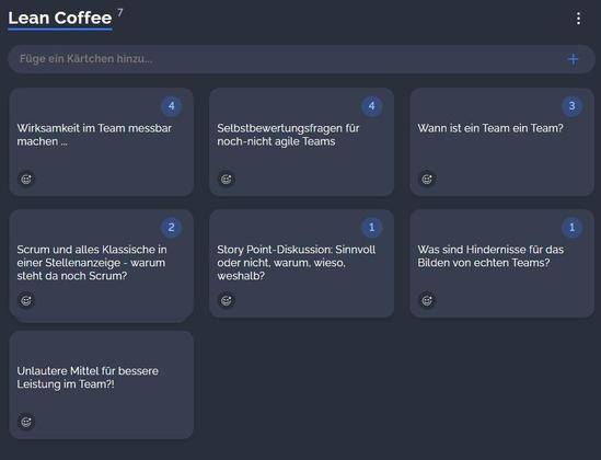 Lean Coffee Themen:
- Wirksamkeit im Team messbar machen …
- Selbstbewertungsfragen für noch-nicht agile Teams
- Wann ist ein Team ein Team?
- Scrum und alles Klassische in einer Stellenanzeige – warum steht da noch Scrum? & Aus. Vorbei. Scrum Master kosten unnötig Geld und bringen nichts.
- Story Point-Diskussion: Sinnvoll oder nicht, warum, wieso, weshalb?
- Was sind Hindernisse für das Bilden von echten Teams?
- Unlautere Mittel für bessere Leistung im Team?!