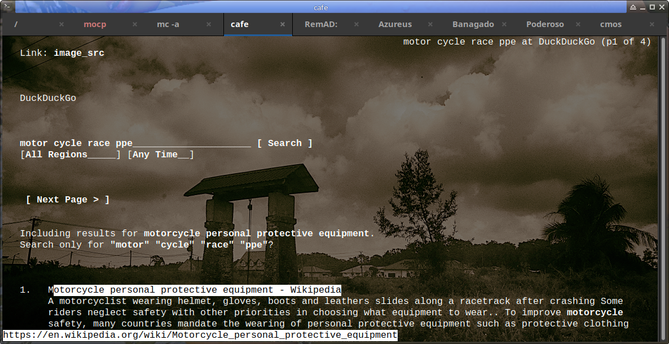 The image shows a computer screen displaying a search results page from DuckDuckGo for the query "motor cycle race ppe." The page is in grayscale, with a background image of a cloudy sky and a traditional structure, possibly a gate, in the foreground. The search bar is at the top, with the query "motor cycle race ppe" entered, and options for "All Regions" and "Any Time." Below the search bar, there is a "Next Page" button. The search results include a link to Wikipedia's article on "Motorcycle personal protective equipment," which describes the importance of wearing protective gear like helmets, gloves, boots, and leathers for safety in motorcycle racing. The Wikipedia link is provided at the bottom of the page.
―
