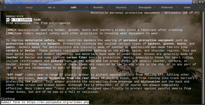 The image shows a computer screen displaying a Wikipedia article titled "Motorcycle personal protective equipment." The article is on page 5 of 37, as indicated by the sidebar. The article discusses the importance of wearing protective gear while riding motorcycles, including helmets, gloves, boots, and jackets. The text mentions that many countries mandate the wearing of personal protective equipment, such as leather or specialized man-made fabrics like Kevlar. The article also includes two images: one showing a motorcyclist wearing protective gear after a crash, and another depicting riders wearing plastic armor for off-road riding. The article notes that modern technology and materials have made protective clothing less bulky and more comfortable. The bottom of the screen shows a submit form for editing the article, with a URL for submitting changes. The background of the article features a blurred image of a motorcyclist on a racetrack, emphasizing the context of motorcycle safety.

Provided by @altbot, generated privately and locally using Ovis2-8B

🌱 Energy used: 0.670 Wh