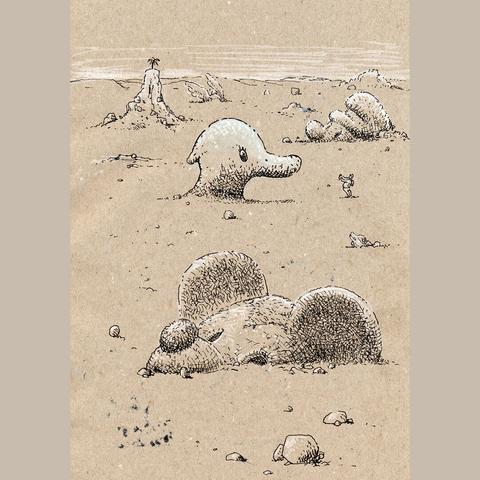 The drawing shows a desert landscape with large statues, half buried in the sand. The statue closest to the viewer resembles a „Mickey Mouse“ head, behind it is a duck and behind that a smurf statue. We see a tiny human figure taking a photo of the duck statue, giving a sense of scale. In the background there is a tall, flat topped rock with a palm tree on top. In the far distance there seems to be a winged helmet, like the one Asterix wears. The image is drawn in black ink with whitish highlights on grey, textured paper.