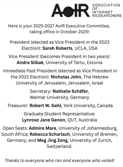 Black text on white background containing the names of AoIR‘s new selected executive committee