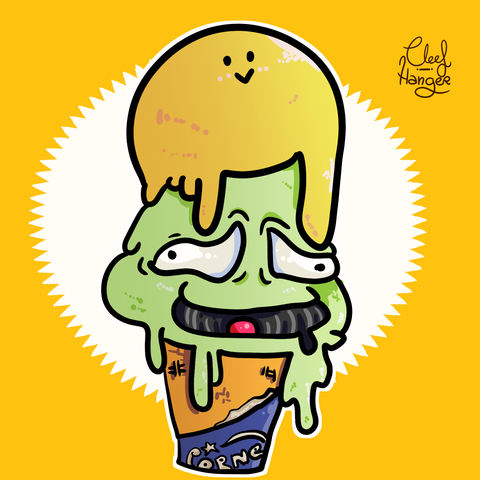 A ball of ice cream yellow flavor with a cutie face over a mint ball of ice cream who is suffering by the weight and melting with its mounth open and a ball of red caramel inside it as a tongue. The cornet doesn't end in a point and has half of the papper in it wich says "corne-"