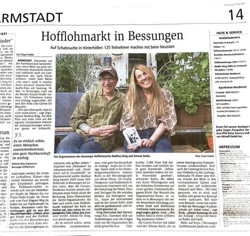 Artikel im Darmstädter Echo vom 6.5.25 zum Bessunger Hofflohmarkt.