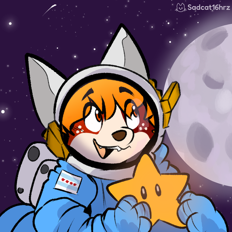 Rusty my red corgi wearing a blue space suit with a white helmet, looking up at the stars as he holds a power star from Mario 64.