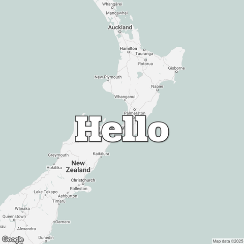 Map of New Zealand overlaid with a translation of the word "hello": Hello.