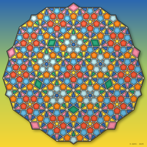 Abstract mathematical art, tiling of triangles and pentagons in bright colours over a yellow blue gradient.