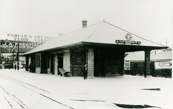 1912  picture of the east morrison st train station taken from the northeast corner of  se 1st and  se alder st.